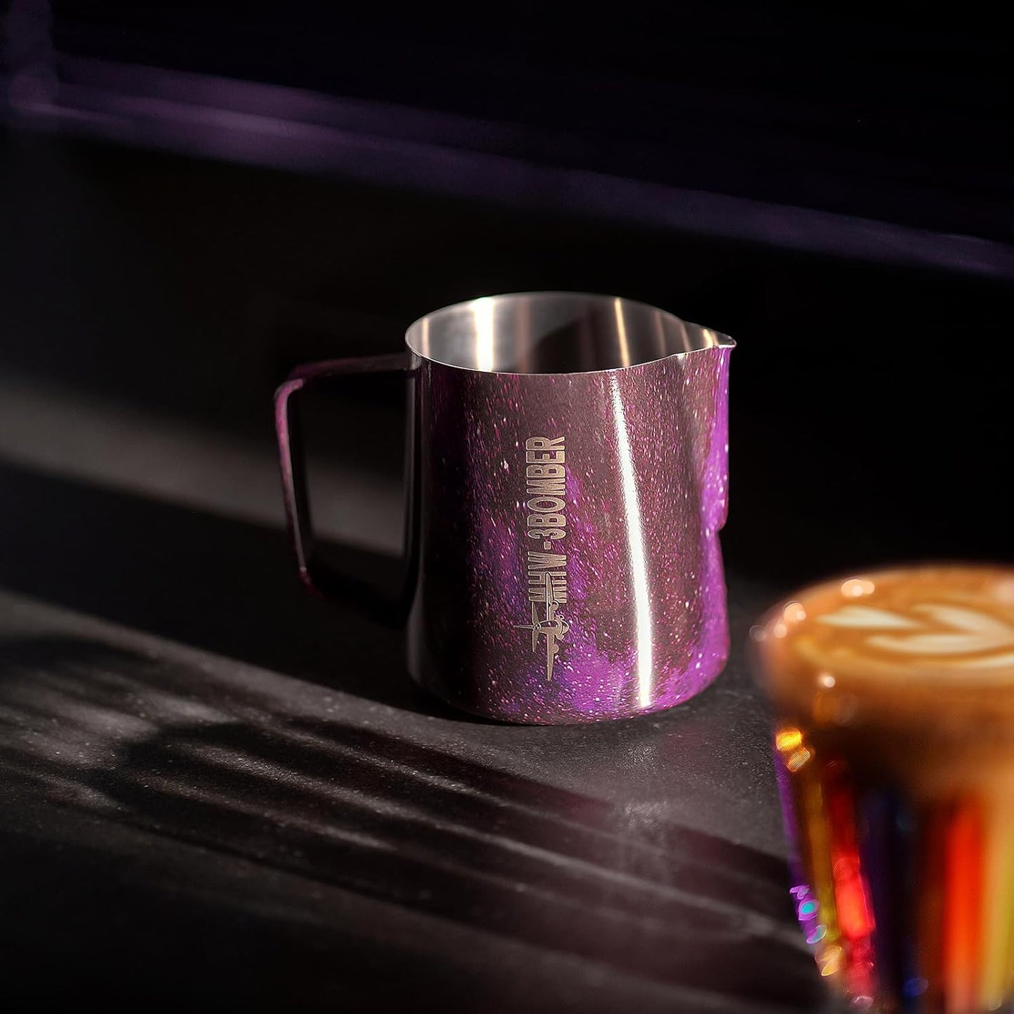 MHW-3BOMBER Espresso Steaming Pitcher Milk Frothing Pitcher Stainless Steel Milk Coffee Cappuccino Latte Art Barista Cup (5.0 Purple, 16.9 Ounces) P5007S