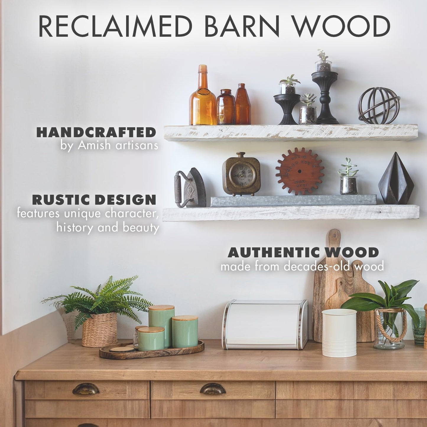 Urban Legacy Reclaimed Barnwood Planks | Floating Shelves for Wall w/Flush Mount Shelf Bracket Set Included | Set of 2 (White Wash, 48" x 7" x 2")