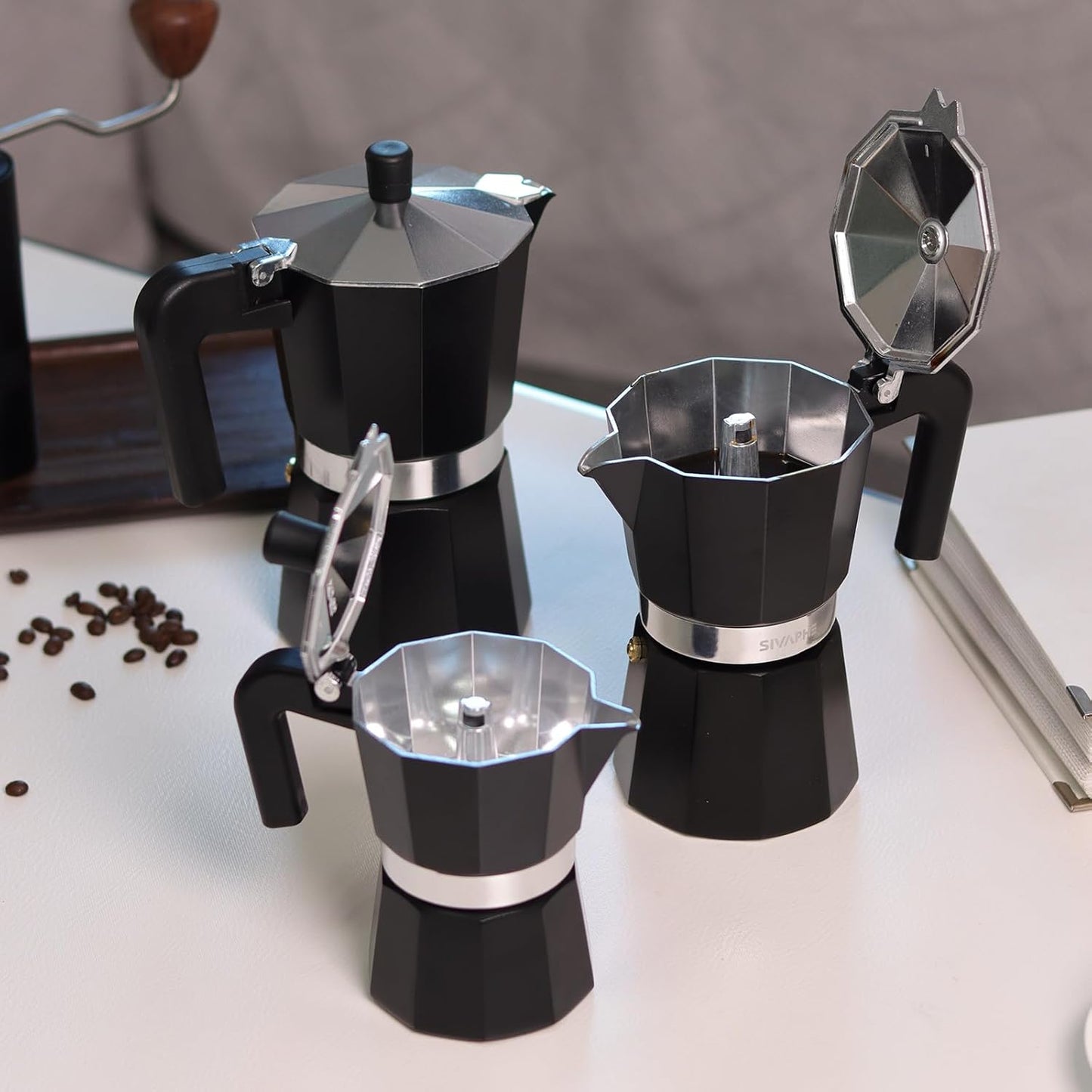 Sivaphe Aluminum Moka Pot 3 Espresso Cups, Percolator Espresso and Coffee Maker, Portable Stovetop Italian and Cuban Café Brewer for Home and Camping Black