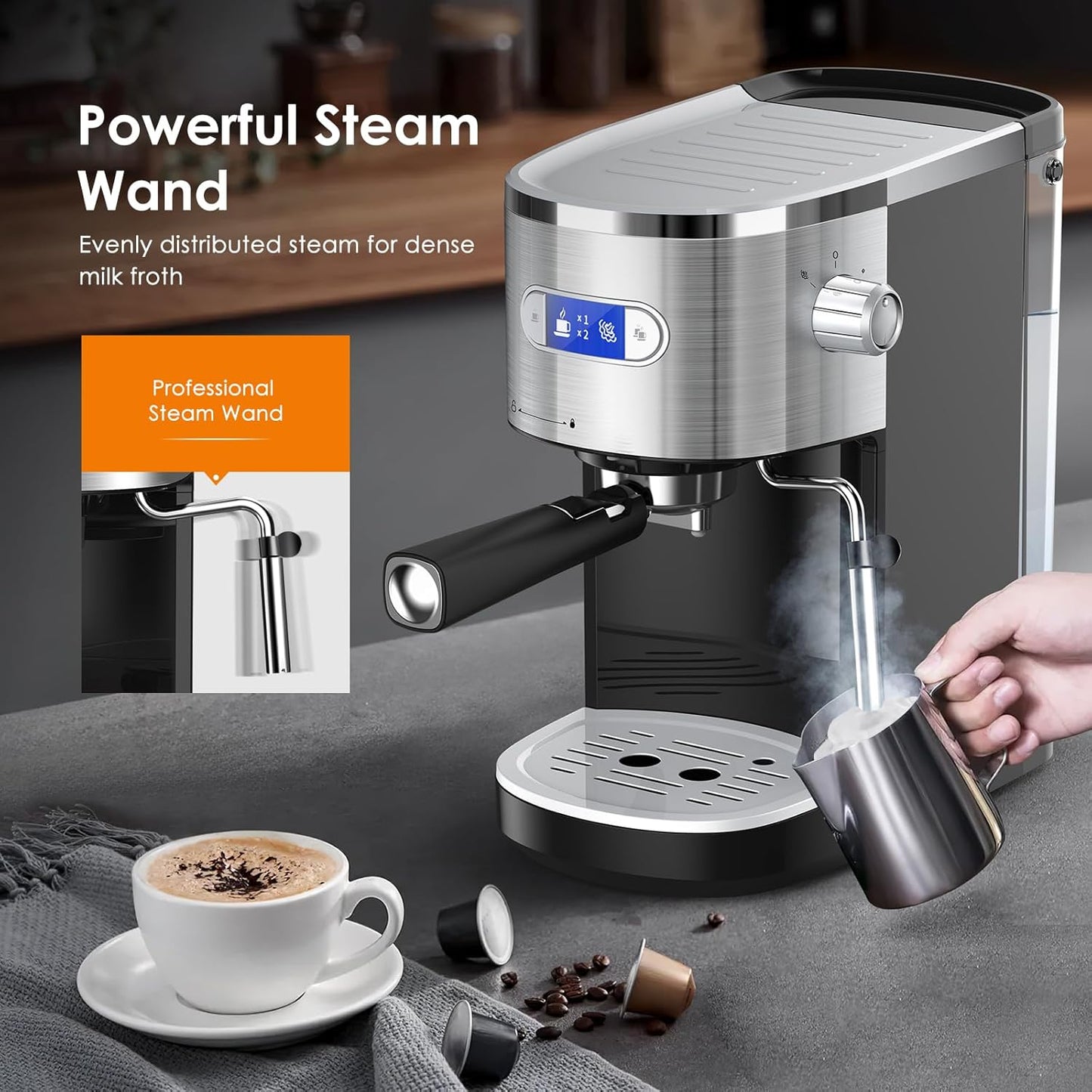 COWSAR Espresso Machine 20 Bar, Compact Espresso Maker with Milk Frother Steam Wand, Expresso Coffee Machines with 45 OZ Removable Water Tank for Cappuccino, Latte, Home