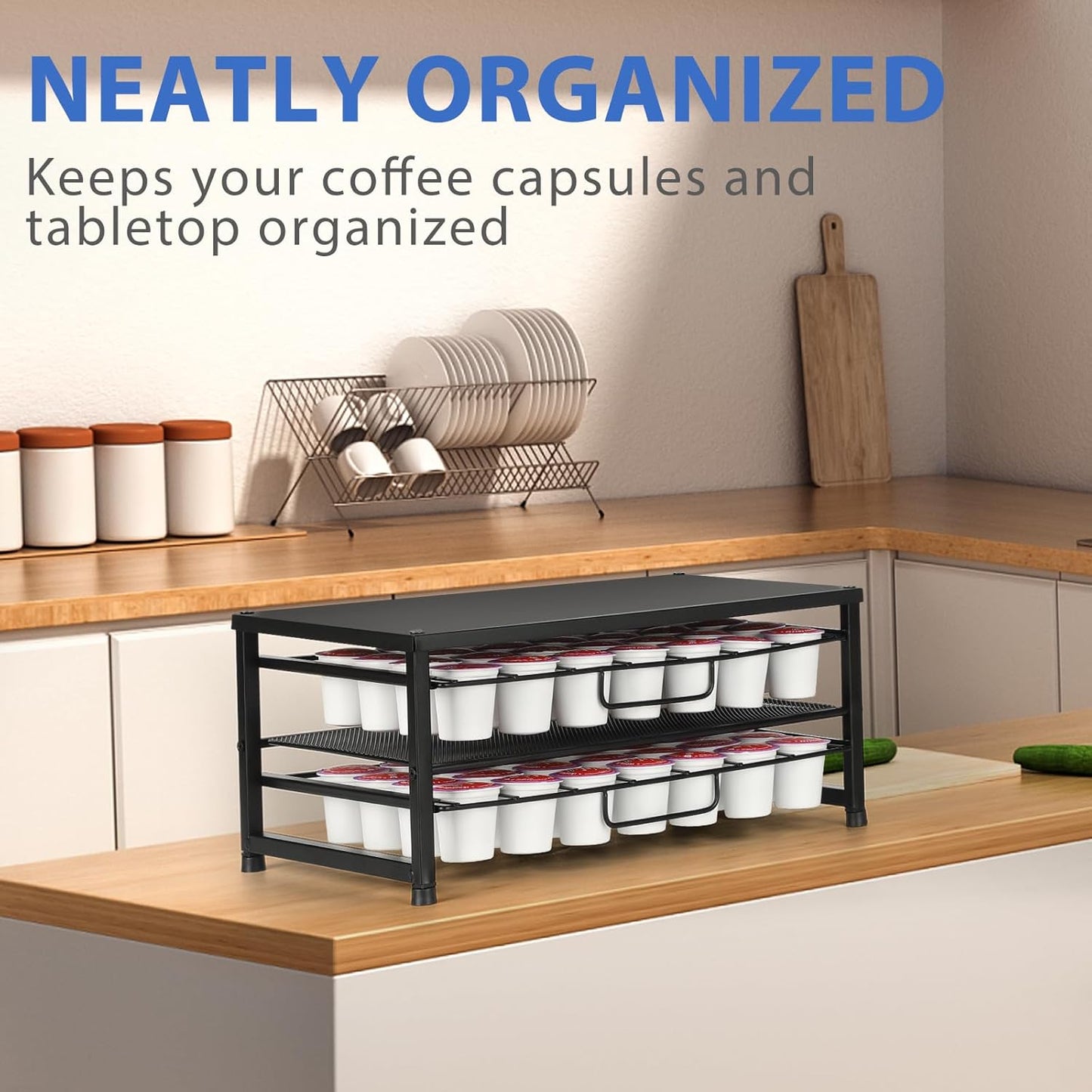 K Cup Holder Organizer for 70 Pods, 2-Tier Coffee Pod Holder for K-Cup with 2 Sliding Storage Drawers, Coffee Station Bar Organizer for Kitchen Countertop, Home & Office, Frosted Black
