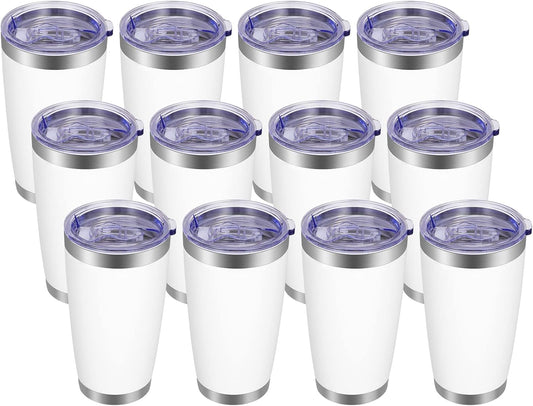 VEGOND 20oz Tumbler with Lid and Straw Stainless Steel Tumbler Cup Bulk Vacuum Insulated Double Wall Travel Coffee Mug Powder Coated Coffee Cup(White 12 Pack