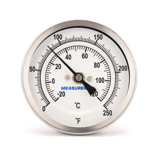 MEASUREMAN Fully Stainless Steel Pot, Kettle, Brewing Bimetal Thermometer, 3" Dial, 4" Stem, 0-250 deg F/-20-120 deg C, -1% Accuracy, Adjustable, 1/2" NPT Back Mount