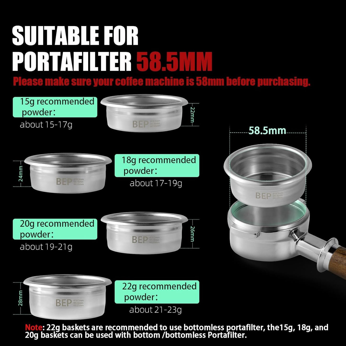 MHW-3BOMBER 58mm Espresso Filter Basket, 22g Double-layer Stainless Steel High Precision Extraction Portafilter Basket Filter Fits Most 58mm Portafilter/Tamper, Ridged, FB5630-OS