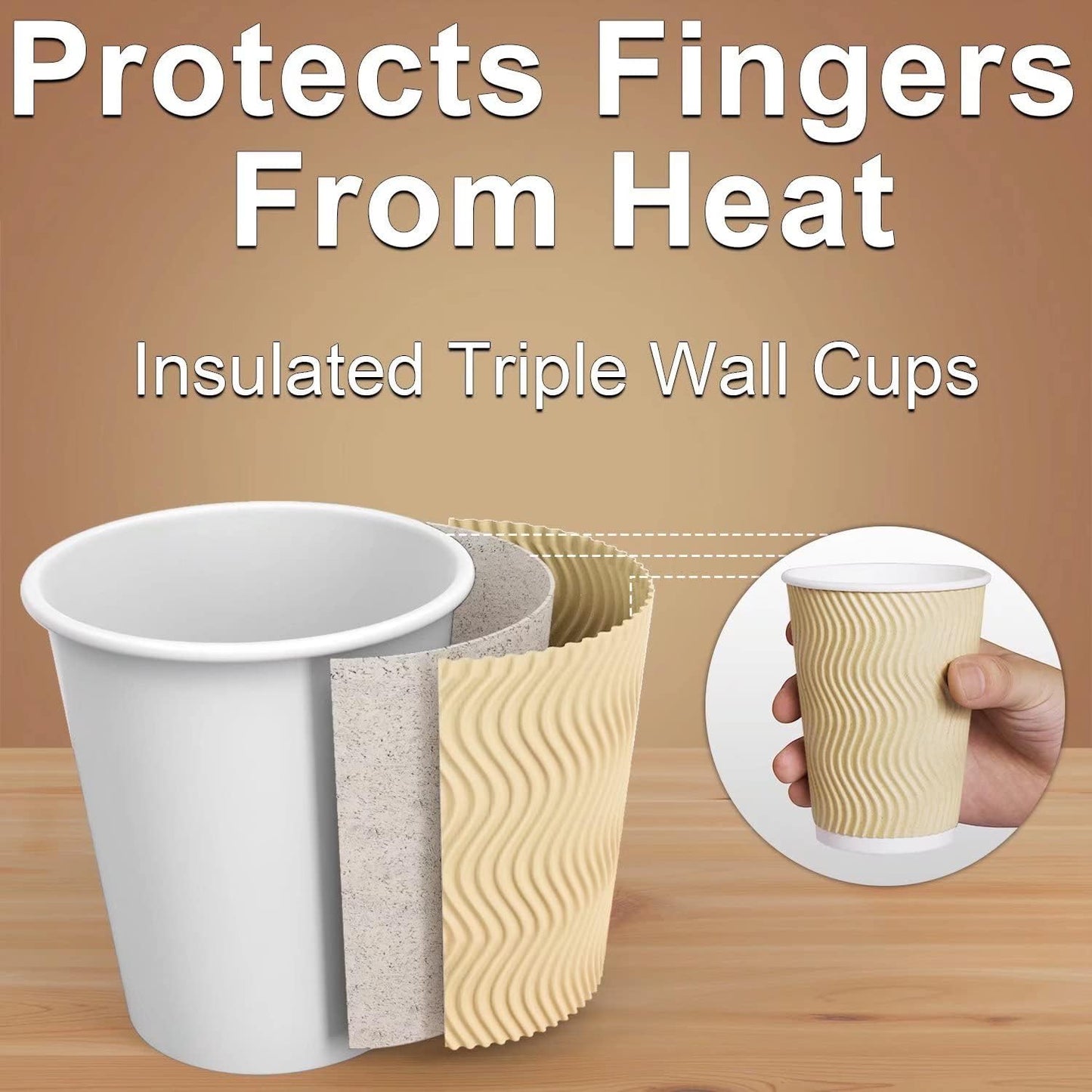 Hot 8 oz Disposable Insulated Corrugated Sleeve Ripple Wall Paper Coffee Cups for Drink, 100,8oz, Brown,Hot Coffee Cups