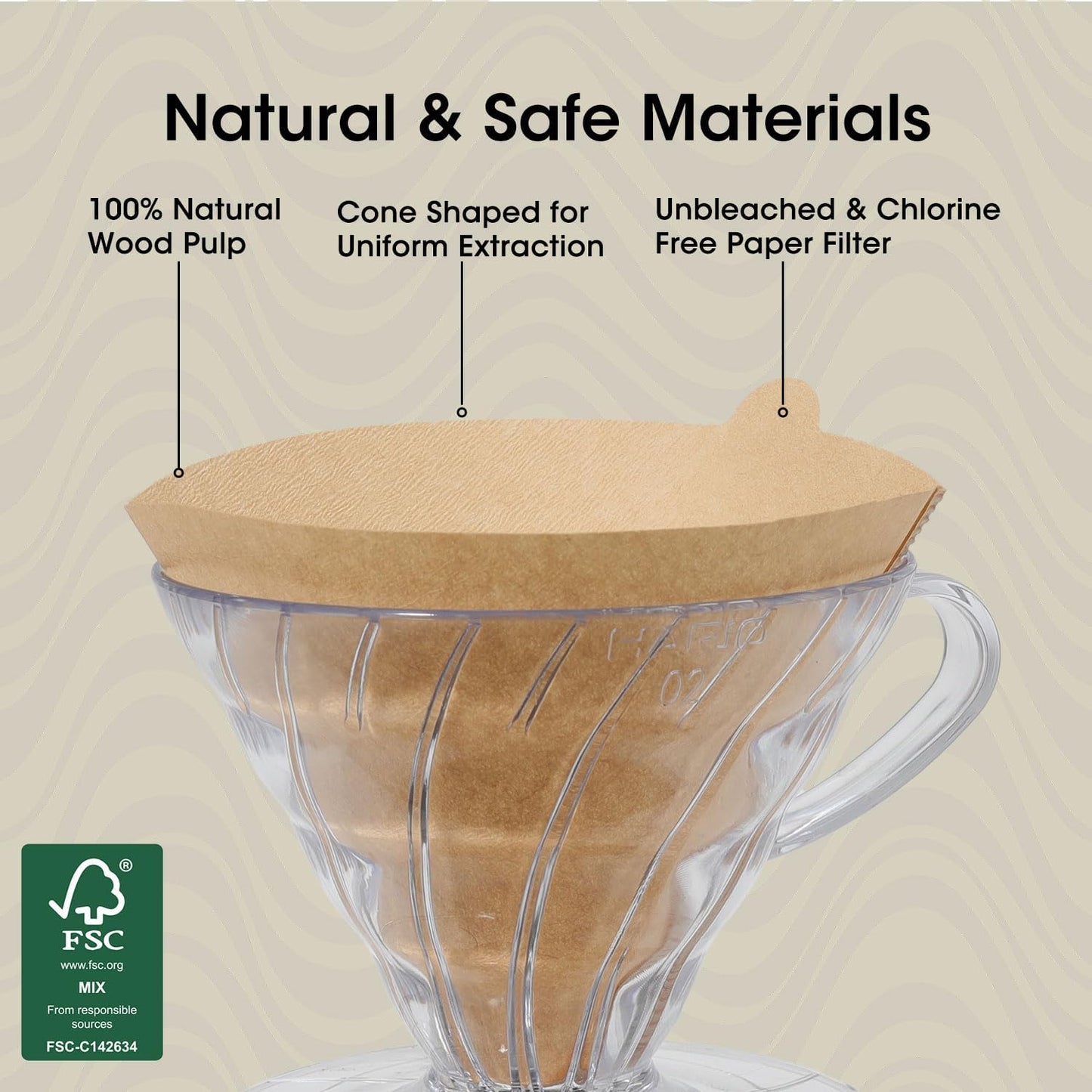 V60 Coffee Filters 02, ONIOU Unbleached Size 02 Cone Coffee Filters, 200 Count Natural Brown Pour Over Paper Filters for Hario V60 & Others 1–4 Cup Coffee Dripper