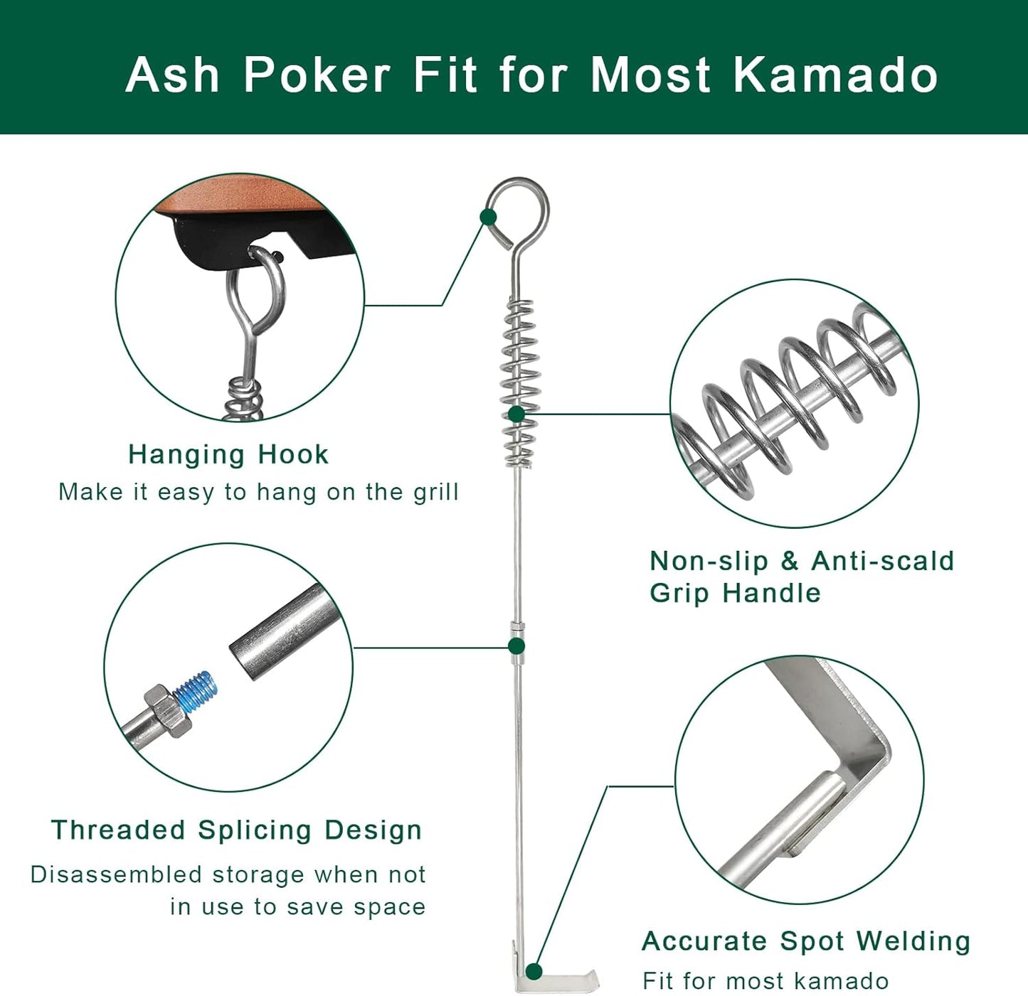 18¡± BBQ Ash Removal Tool and Ash Pan for Big Green Egg Accessories, Stainless Steel Ash Tool Poker for BGE Primo and Other Charcoal Kamado Stove(at+AP)