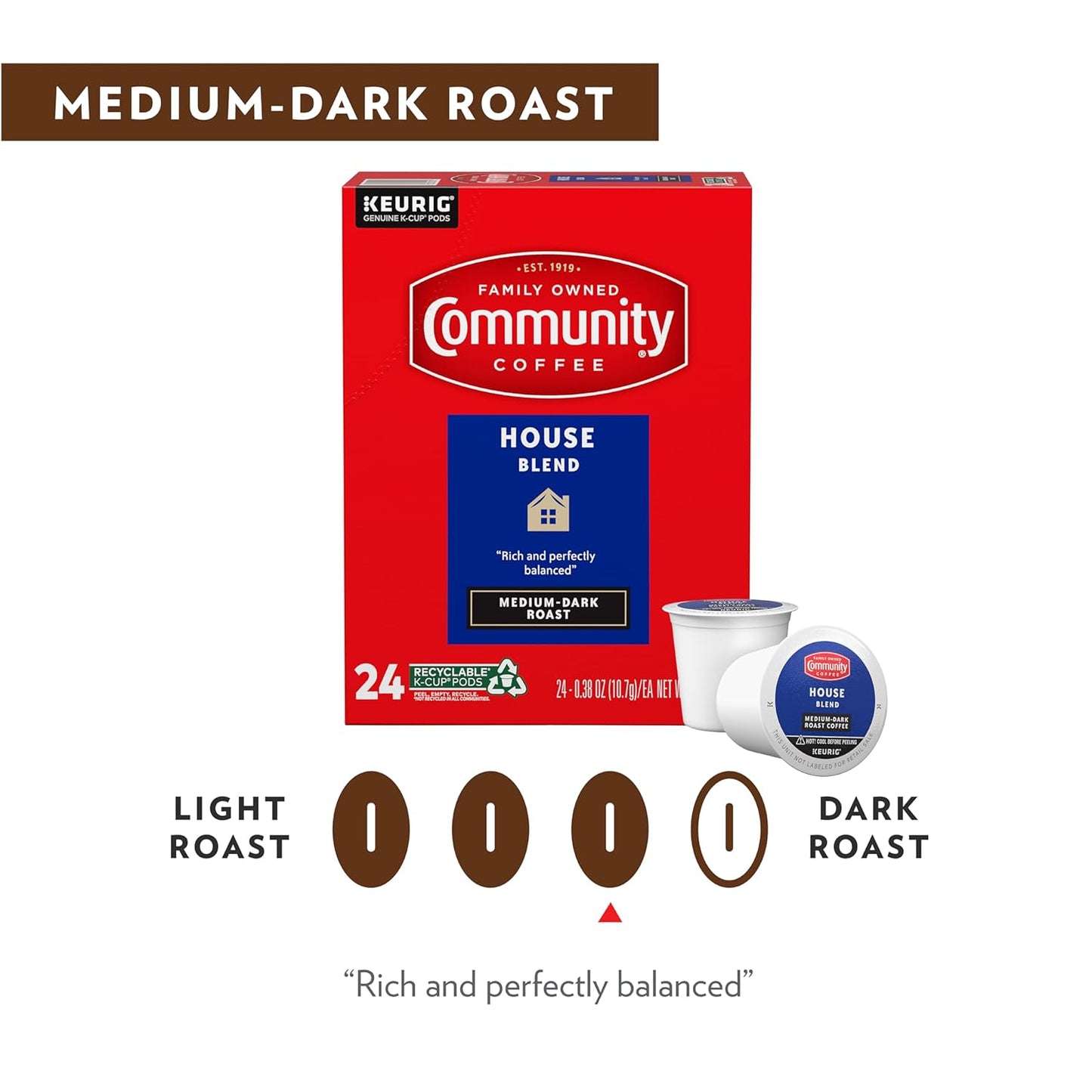 Community Coffee House Blend Medium-Dark Roast Single Serve Keurig K-Cup Pods 32 ct Box