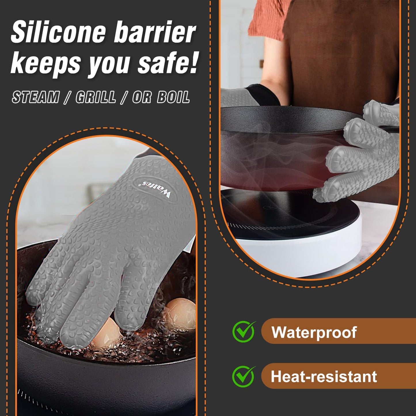 Walfos Silicone BBQ Gloves - Heat Resistant Grilling Gloves, Premium Non-Slip Kitchen Silicone Oven Mitt with Protective Cotton Layer Inside, Waterproof, Great for Grilling, Kitchen and Cooking, Gray