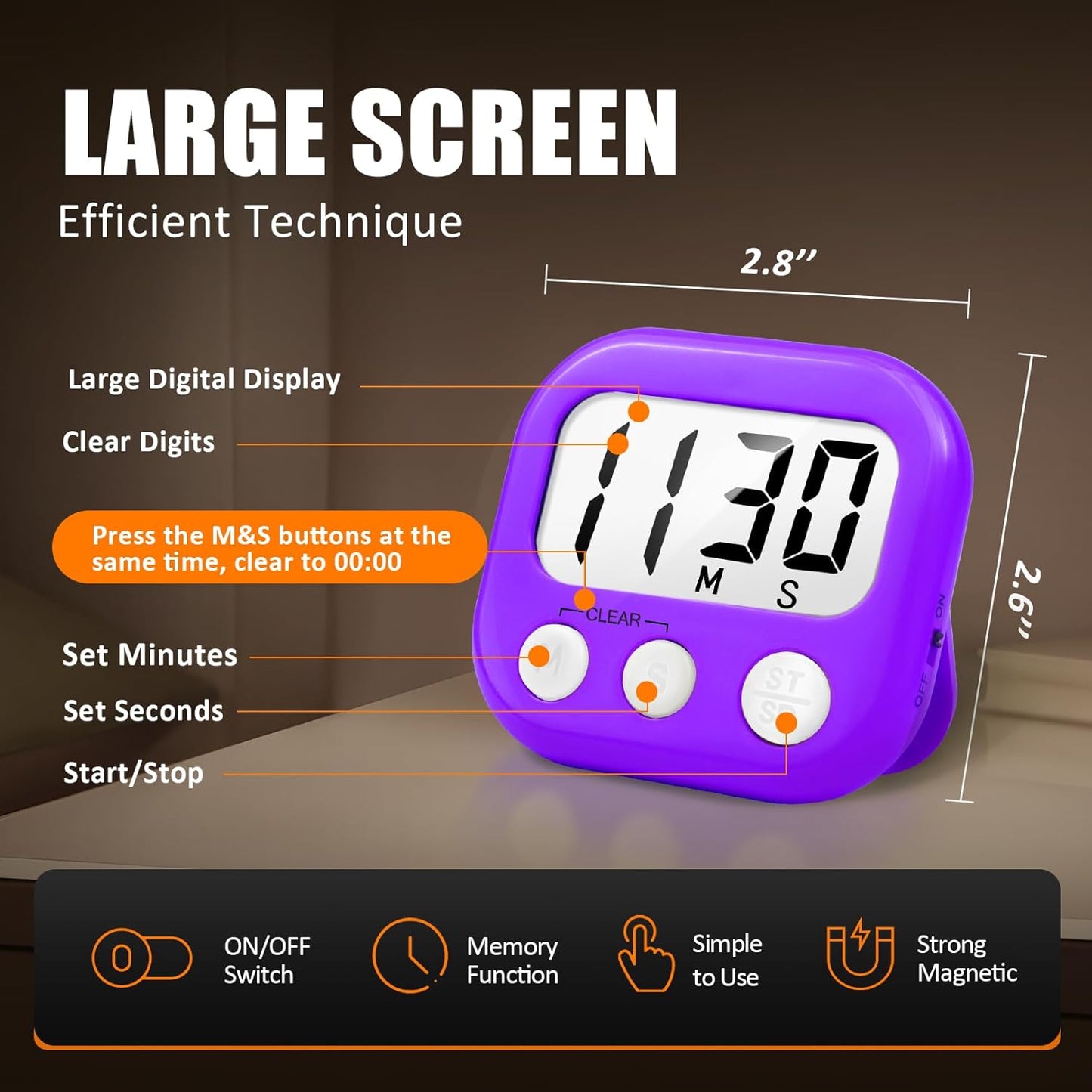 2 Pack Digital Kitchen Timer for Cooking Big Digits Loud Alarm Magnetic Backing Stand Cooking Timers for Baking Purple