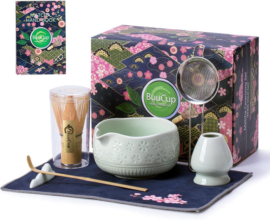 Matcha Whisk Set, Ceramic Matcha Set Includes Matcha Bowl, Matcha Whisk and Holder, Bamboo Scoop, Scoop Rest, Sifter and Tea Towel - 7 Pcs Matcha Kit for Matcha Lovers (Mint)
