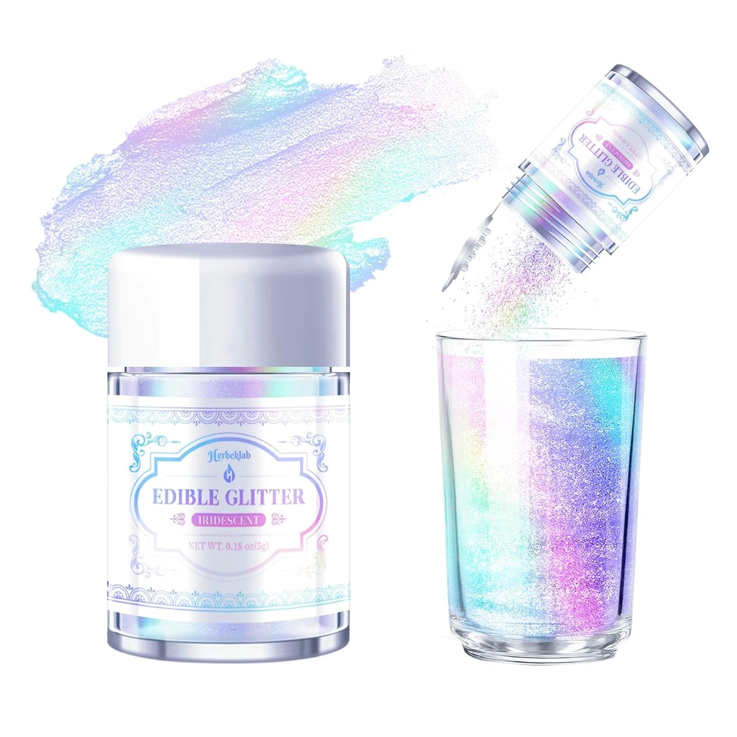 Iridescent Edible Glitter for Cocktails - Herbeklab Rainbow Luster Dust Edible Iridescent Drink Glitter Food Grade Shimmer Powder for Beverage Chocolate, 5g