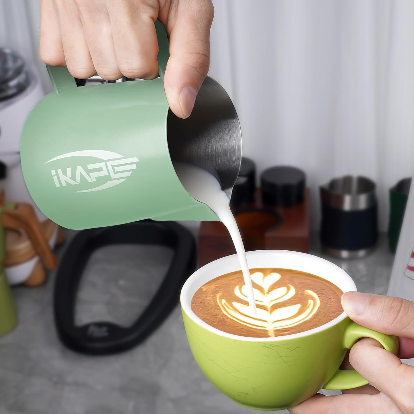 IKAPE Espresso Milk Pitcher, Espresso Steaming Pitcher with Sharp Spout for Espresso Barista Tool, 15.4 oz/450ml Milk Frothing Jug (Light Green)