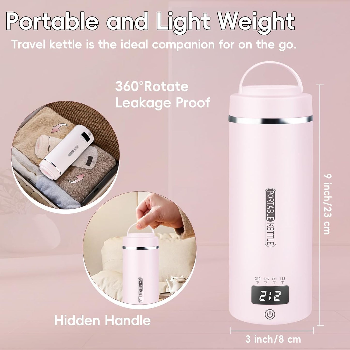 Travel Kettle Portable Electric Kettle with Plug-in Boiling & Keeps Warm via USB, Portable Water Boiler with 4 Temperature Settings, 304 Stainless Steel with Auto Shut-off 16oz(Pink)