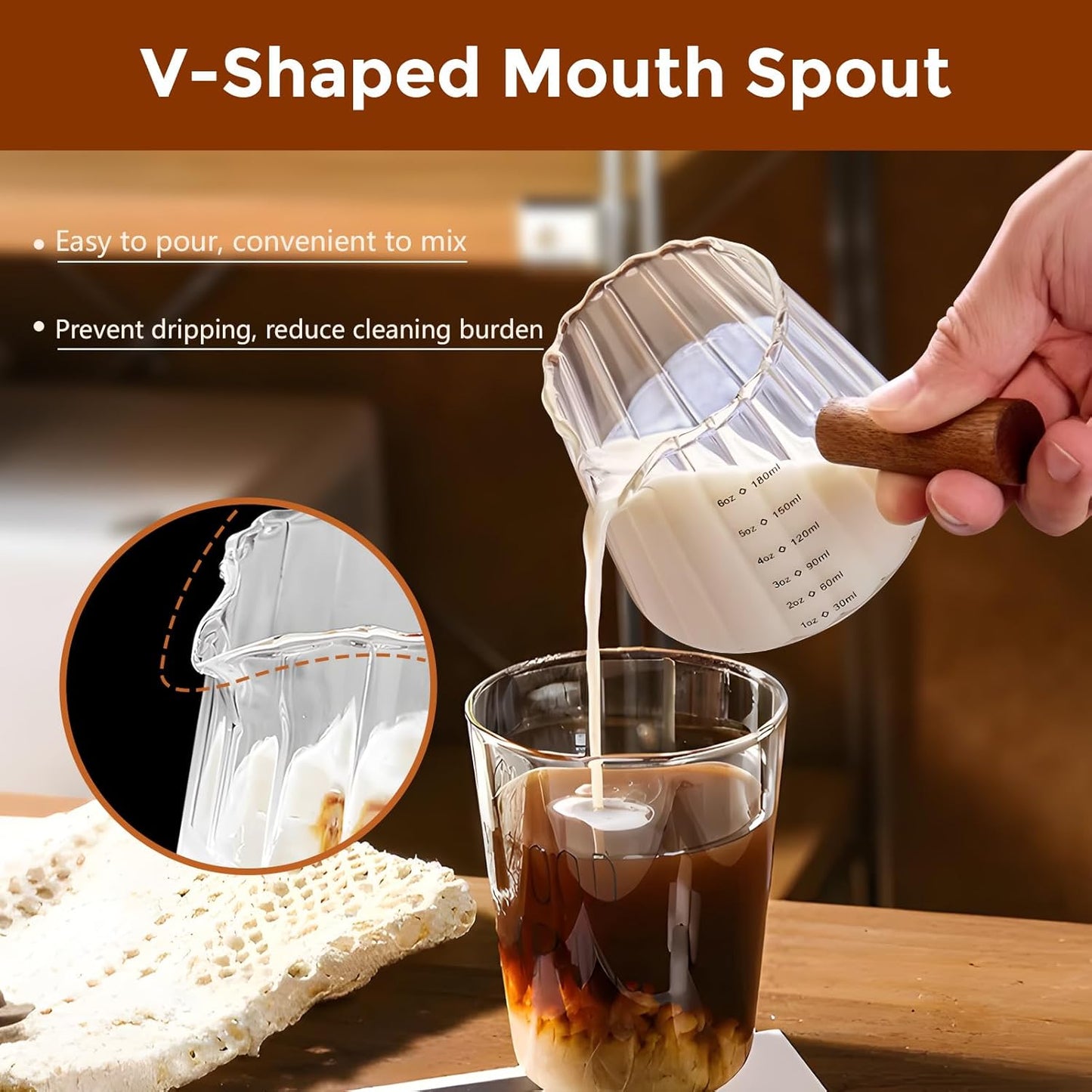 YARRAMATE 2 Pack 6 oz/180ML Glass Measuring Cup with Wooden Handle – Espresso Shot Cups, Ribbed Milk Frothing Pitcher, Dual Scale Markings, V-Shaped Mouth for Easy Pouring