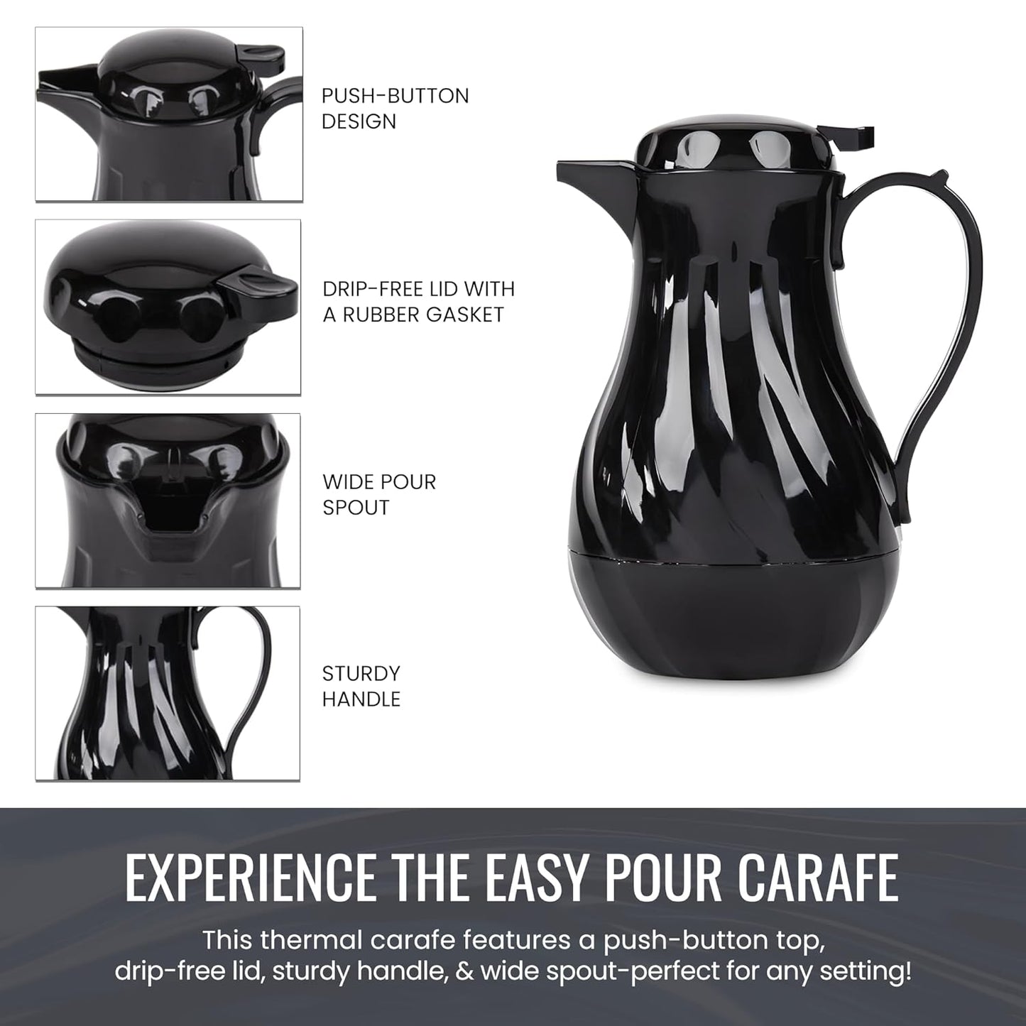 OCS Parts Easy Pour Thermal Coffee Carafe | 10-Inch Insulated Hot and Cold Beverage Pitcher Server for Coffee, Tea, Hot Chocolate and Water with Colored Tags for Easy Idenfication | 42-Ounce | Black