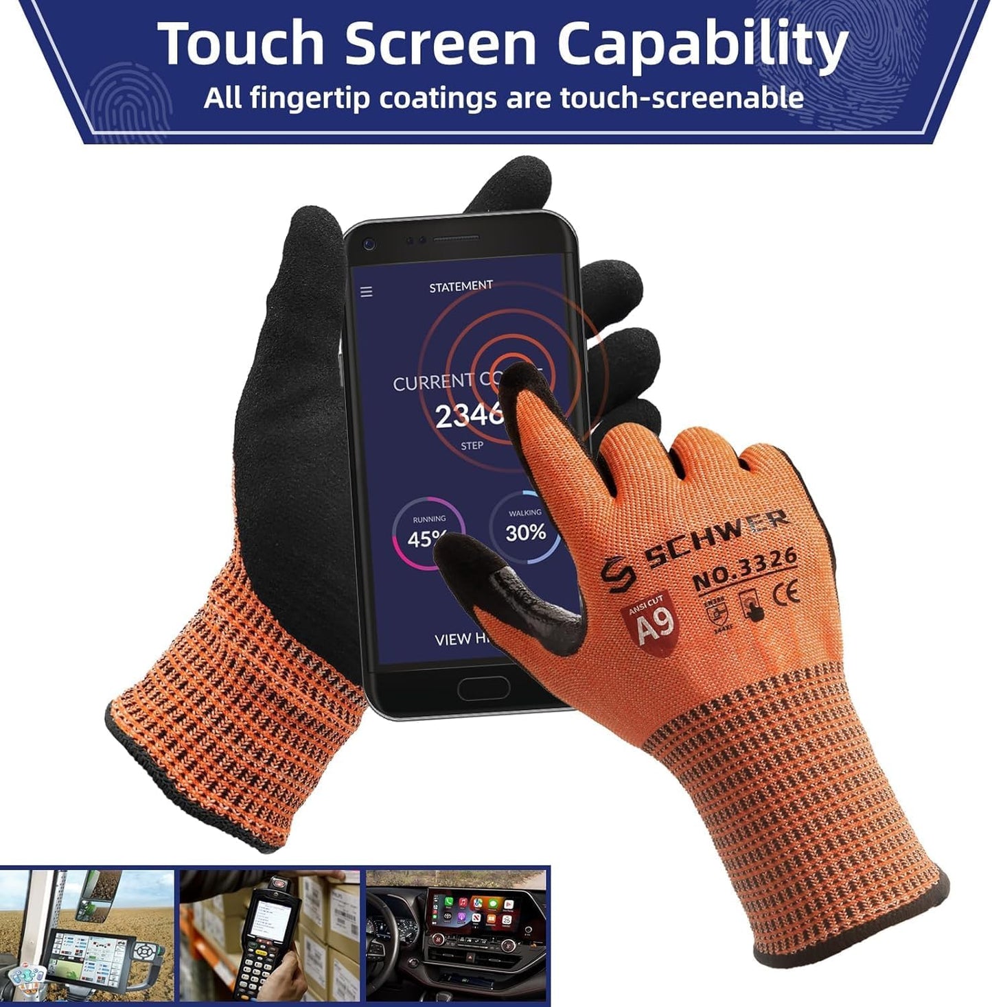 Schwer ProGuard Highest Level Cut Resistant Work Gloves PR3326 for Extreme Protection，ANSI A9 Cut Gloves with Reinforced Thumb, Non Slip, Non PFAS, Durable, Touch-screen, Orange 120 Pairs, L