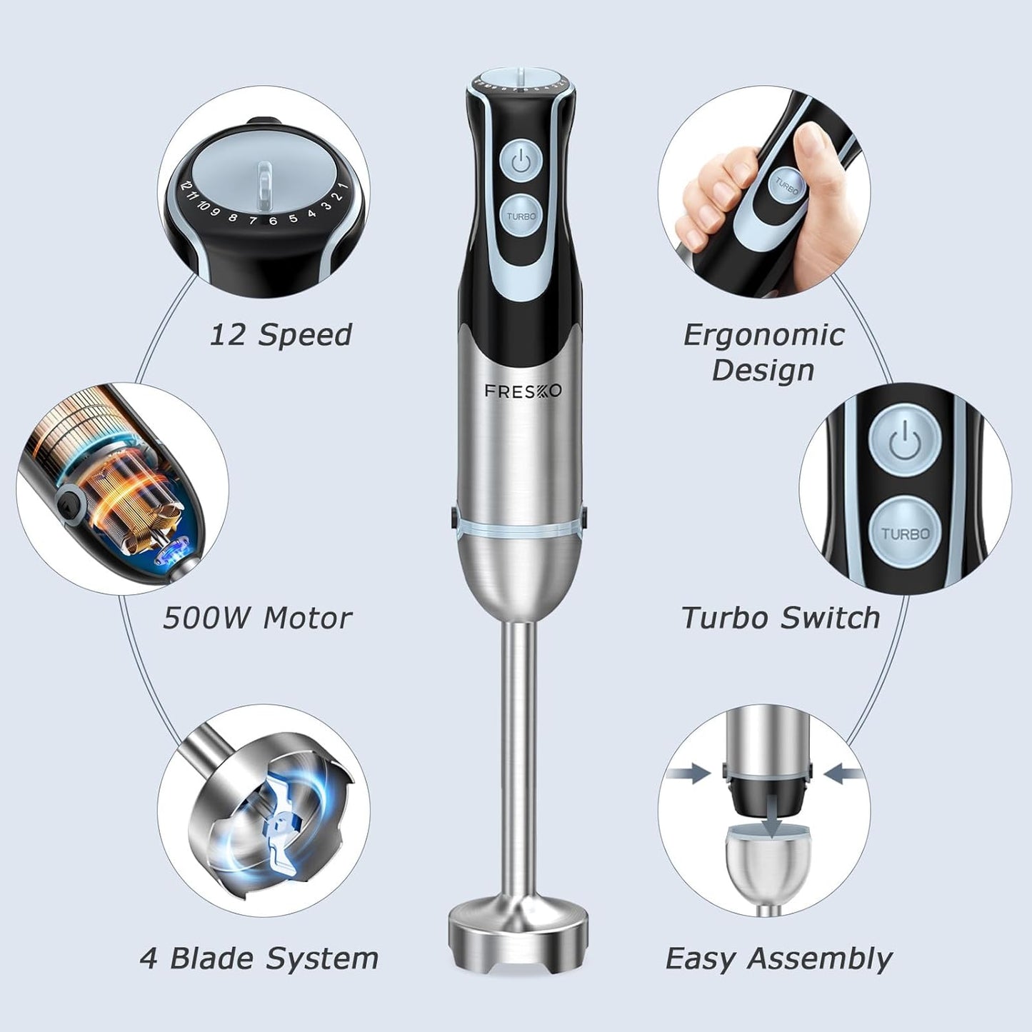 FRESKO Immersion Blender Handheld, 4-in-1 Stainless Steel Hand Electric Stick Mixer with 12-Speeds & Turbo Mode, Powerful 500W Emulsion Blender with Beaker, Chopper & Whisk