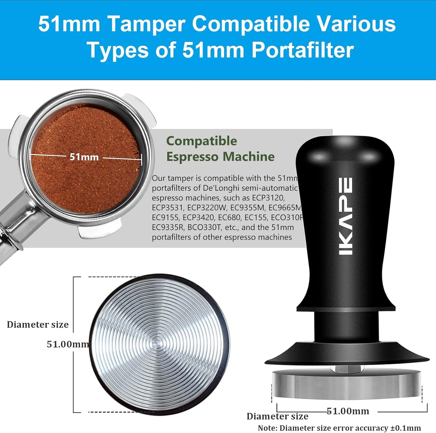 IKAPE 51mm Espresso Tamper, Premium Barista Coffee Tamper with Calibrated Spring Loaded, 100% Flat Stainless Steel Base Tamper for Espresso Machine(Black)