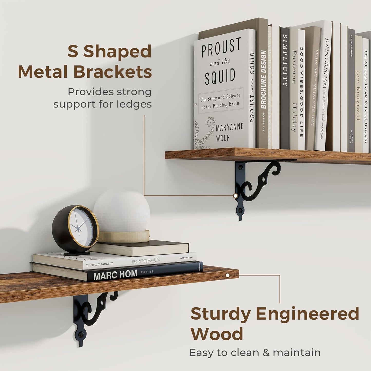 RICHFOCUS Floating Shelves for Wall Decor, 35.4W x 8D Wall Shelves Set of 2, 8 Inch Deep Rustic Wood Shelves Wall Mounted with Brackets, Long Shelves for Living Room Bedroom Kitchen, Rustic Brown