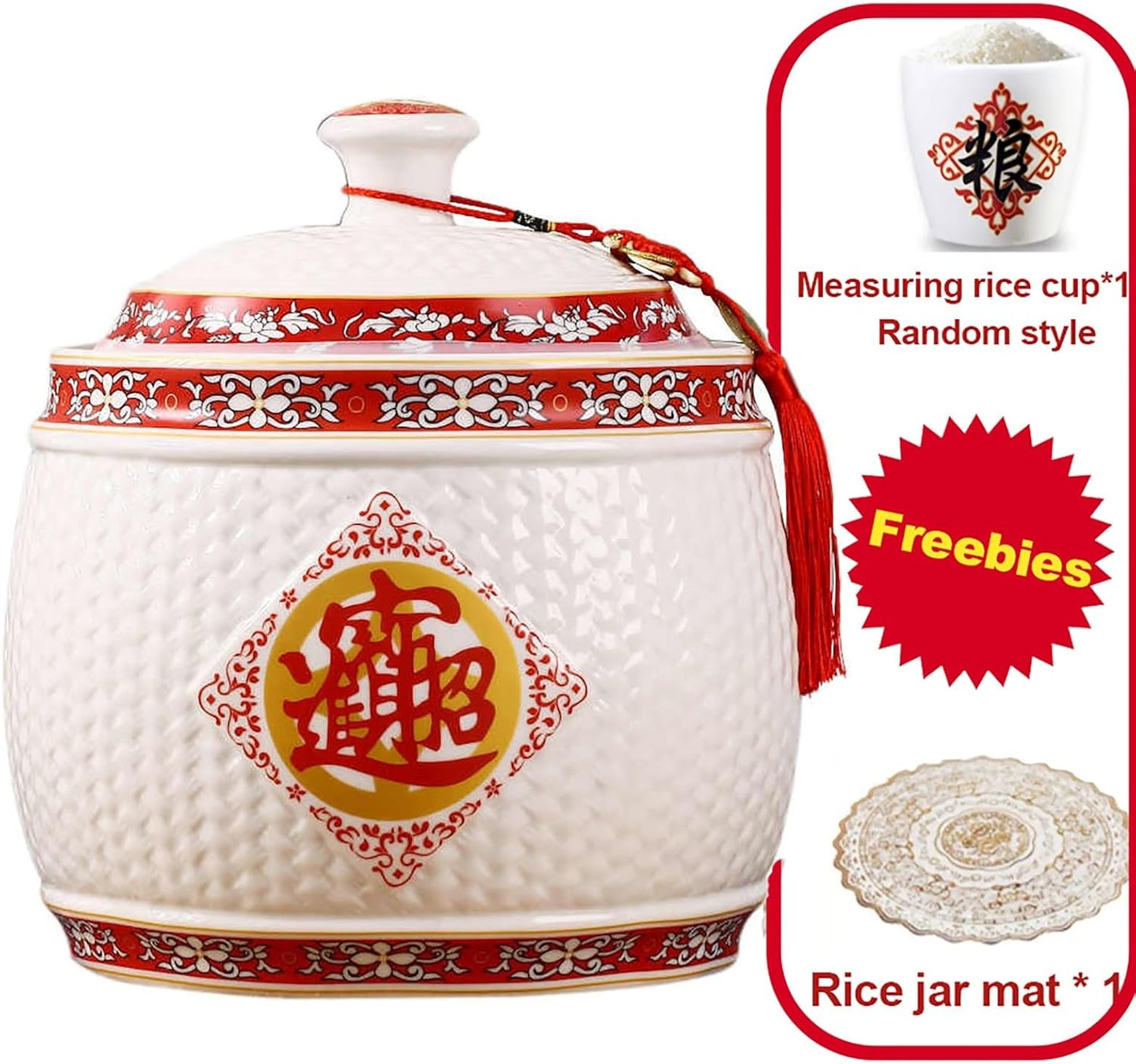 Chinese Sealed Large-Capacity Rice Pot, Ceramic Rice Bucket With Tassel Design, Grain Storage Ceramic Container, Rice Dispenser Airtight Storage Bucket For Grains Snacks Candy Coffee Beans Food(A,Capa