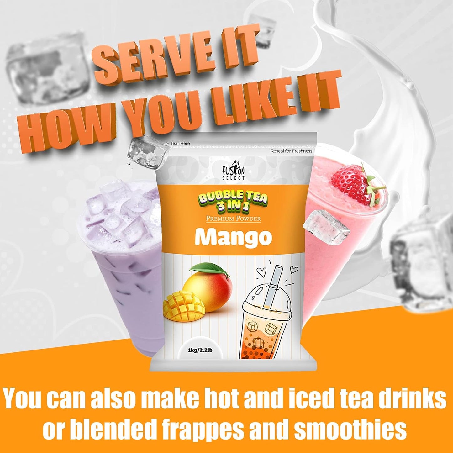 Fusion Select 2.2lb Tea Powder Blueberry Tea Flavored-3-in-1 Drink Powder with Cream & Sugar - Instant Pre-Mixed Beverage for Hot or Cold Blends or Yummy Frappes