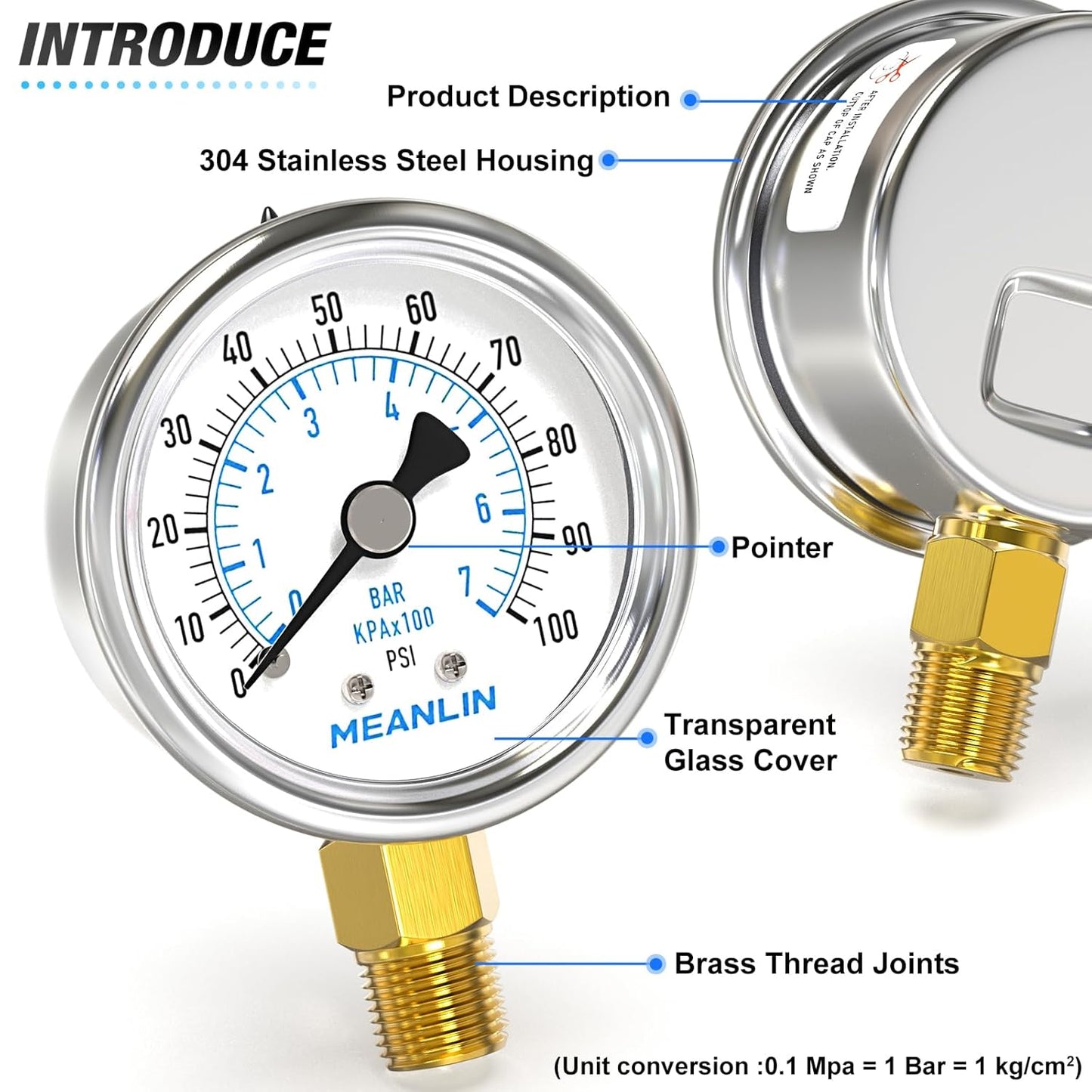 MEANLIN MEASURE 0~100Psi Dry Pressure Gauge Stainless Steel 1/4" NPT 2" FACE DIAL Waterproof for Well Pump Water Tire Water Pressure Tester Lower Mount, with 1/2" NPT and 3/8" NPT Hex Bushing