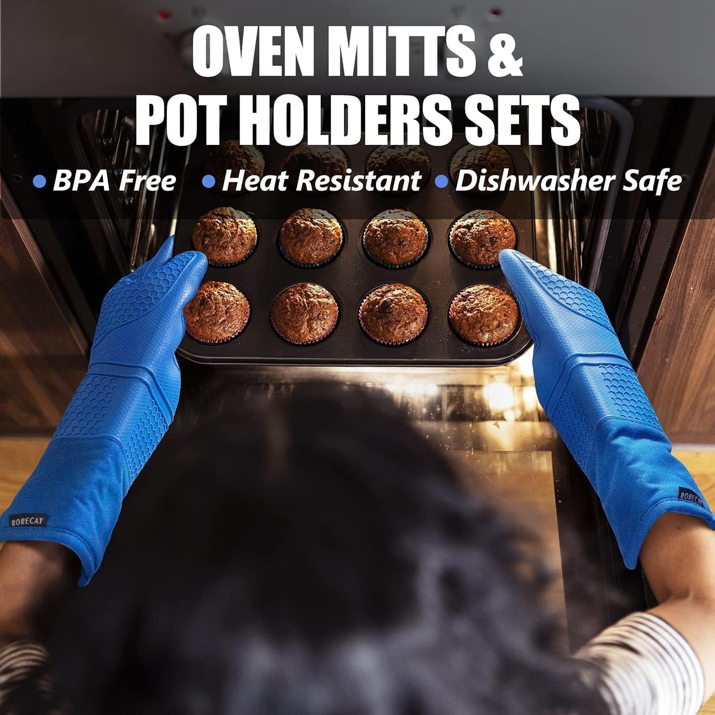 Rorecay Extra Long Oven Mitts and Pot Holders Sets: Heat Resistant Silicone Oven Mittens with Mini Oven Gloves Hot Pads Potholders for Kitchen Baking Cooking, Quilted Liner, Pack of 6 (Lake Blue)
