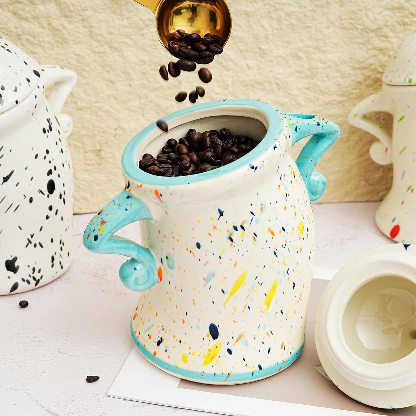 Canister With Attitude,Large Capacity Cute Sassy Storage Canister,Interesting food jars, stylish airtight large ceramic lids, coffee, tea, sugar and spice storage jars with spoons (Black and white)