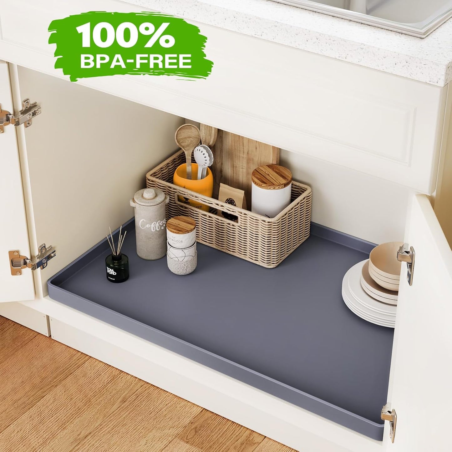 FLATO Waterproof Under Sink Mat 34" x 19" Shelf Liner for Kitchen and Bathroom, Cabinet Protector, Organizers and Storage, Flexible Silicone Drip Tray