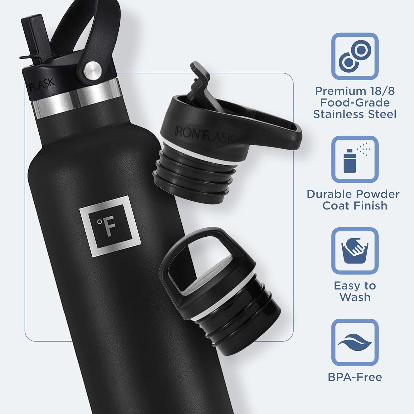 IRON °FLASK Camping & Hiking Hydration Canteens - 3 Lids (Narrow Straw Lid) Leak Proof Vacuum Insulated Stainless Steel - Hot & Cold Double Walled Sports Water Bottle - Elemental Gray, 24 Oz