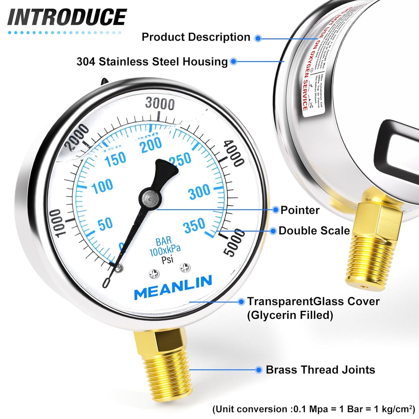 MEANLIN MEASURE 0~5000Psi Liquid Filled Pressure Gauge 1/4" NPT 2.5" FACE DIAL Stainless Steel Glycerin Filled WOG Water Oil Air Lower Mount (with 2PCS Snaps)