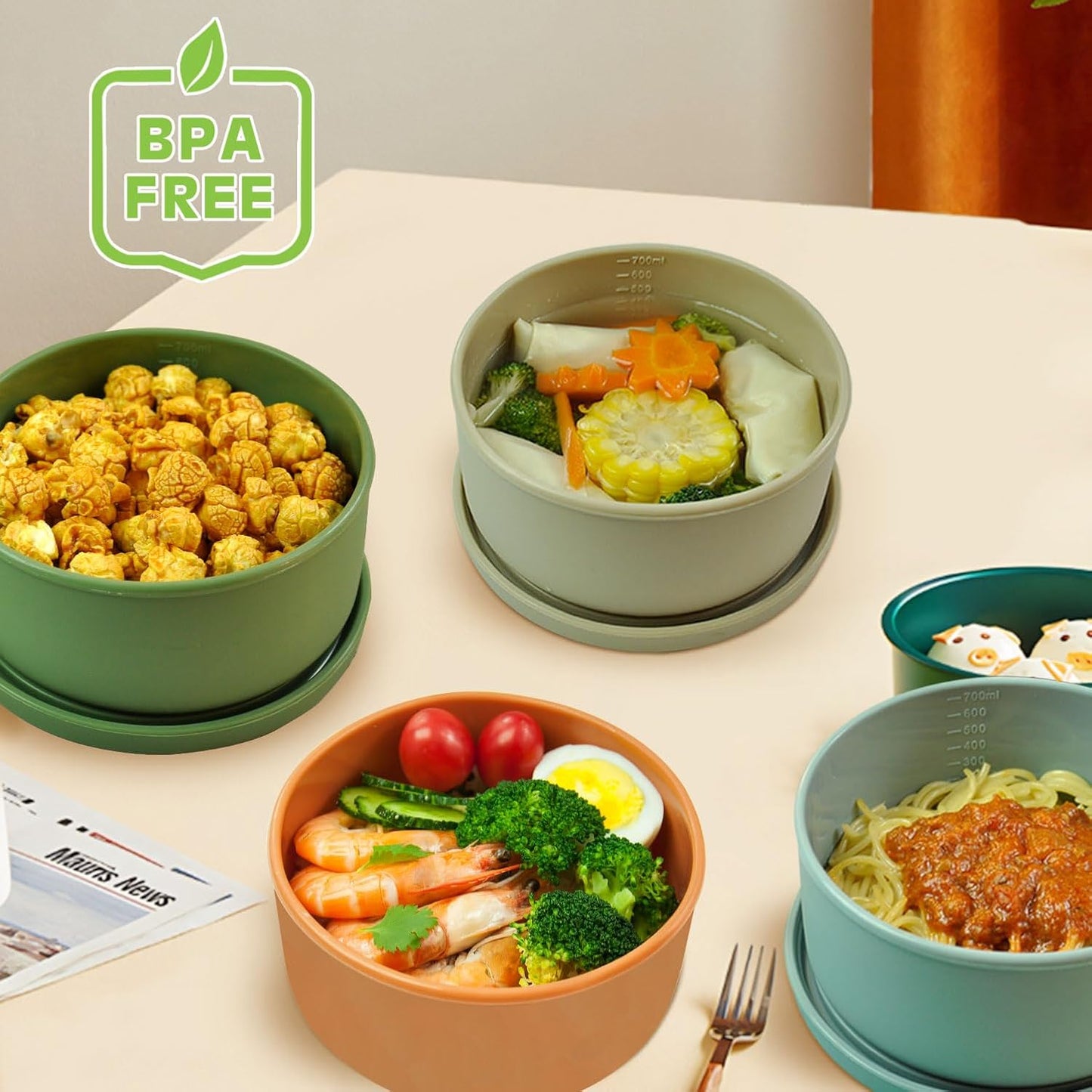 XU&PEIQI Silicone Food Storage Containers & Round Bowls with Lids - Meal Prep Containers for Kitchen Serving, Salad & Lunch - Airtight Microwave/Fridge/Dishwasher Safe BPA-Free 24oz.(Beige)