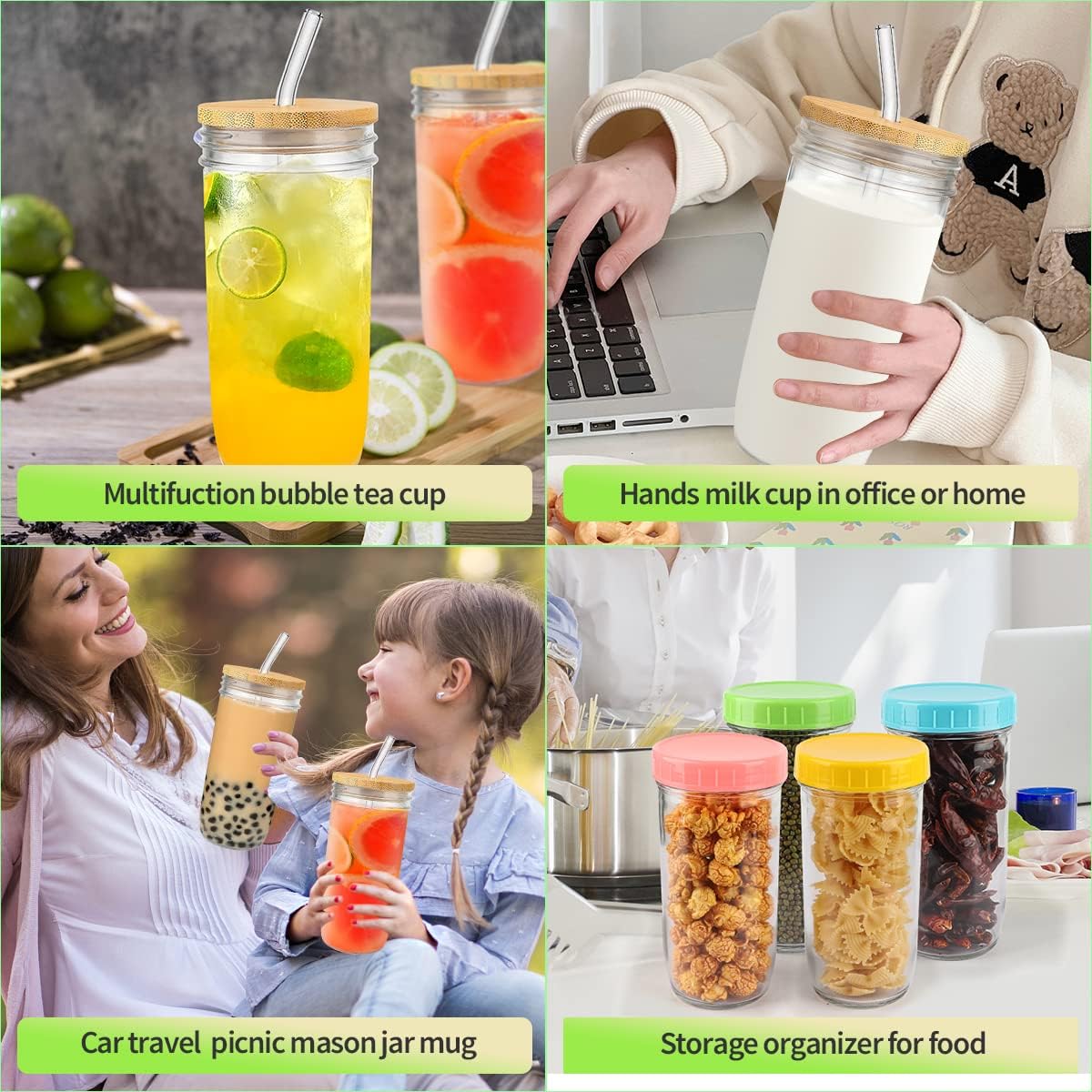 4-Pack 24oz Glass Cups with Lids and Straws - Wide Mouth Mason Jars, 12 Lids (Bamboo/Plastic) & 8 Straws - Reusable Tumblers for Smoothies, Iced Coffee