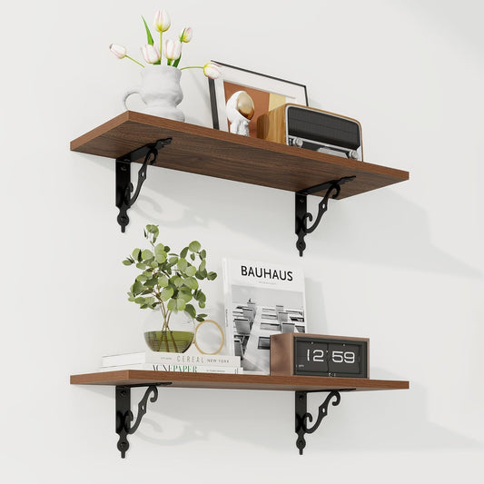 RICHFOCUS Floating Shelves for Wall Decor, 24Inch Wall Shelves Set of 2, 24W x 8D Floating Shelves Wall Mounted with Metal Brackets, Rustic Wood Shelves for Living Room Bedroom Kitchen, Walnut