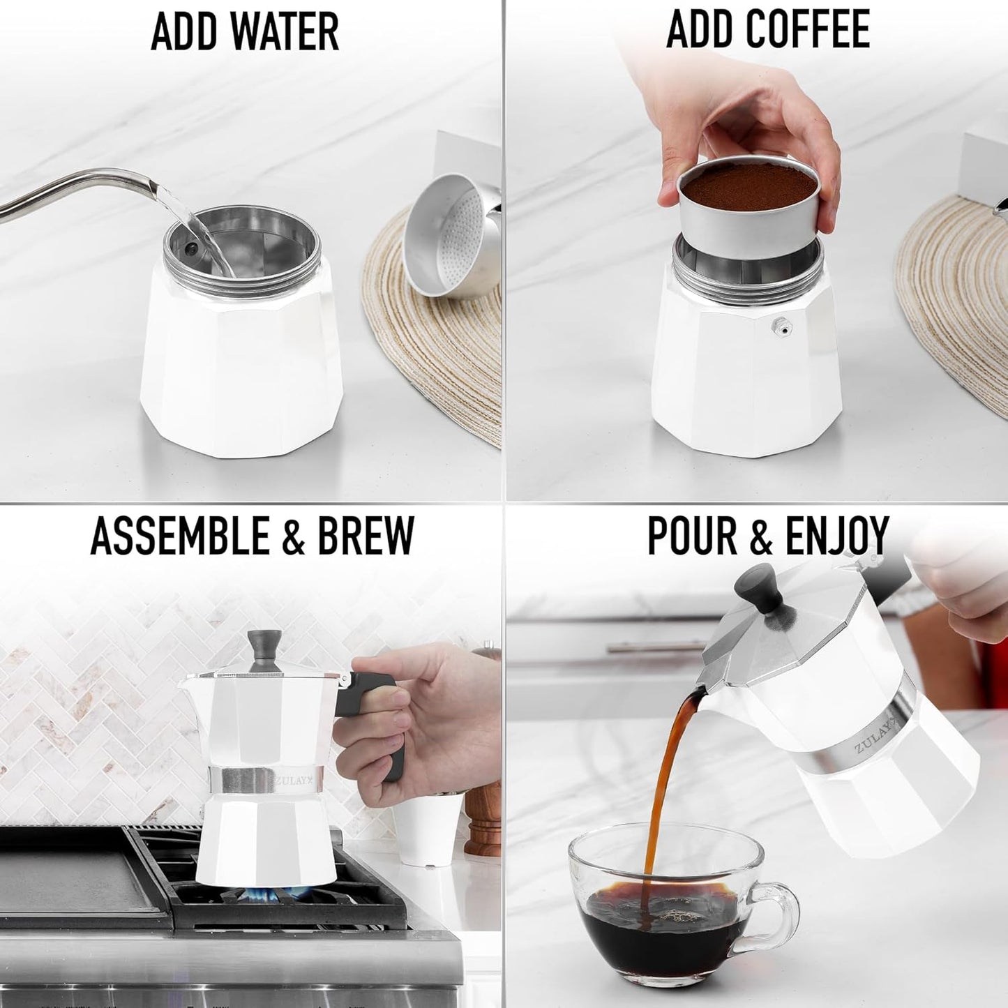 Zulay Moka Pot Espresso Stovetop Coffee Maker - Leak-Proof, Stainless Steel, Easy to Clean, Heat Resistant Handle & Knob - for Authentic Cuban & Italian Style Espresso - Makes 3 Espresso Cups - White