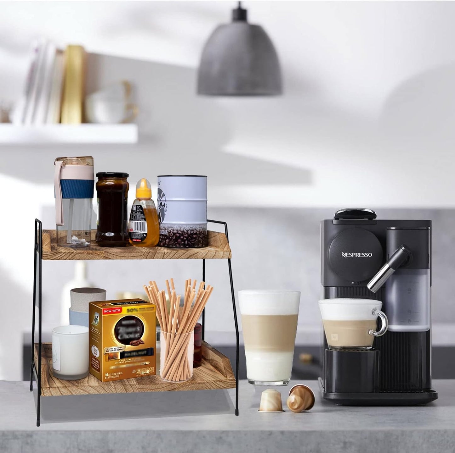 Coffee Bar Accessories and Organizer, Coffee Station Organizer 2 Tier Bathroom Counter Organizer, Wood Coffee Tray, Bathroom Vanity Organizer, Countertop Shelf for Kitchen, Coffee Lover