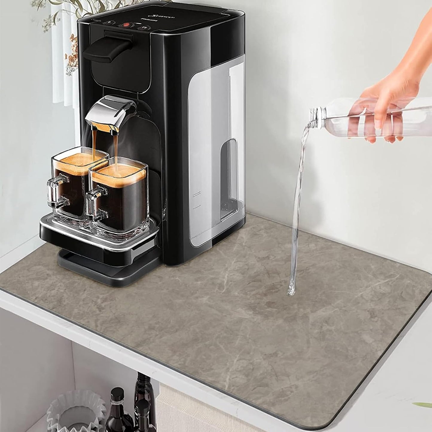 Coffee Maker Mat Accessories for Countertop - Coffee Bar Decoration Rubber Backed Dish Drying Mat for Kitchen - Pu Absorbent Hide Stain Pad, Wipeable Espresso Machine Mat for Dish Rack 25x17in
