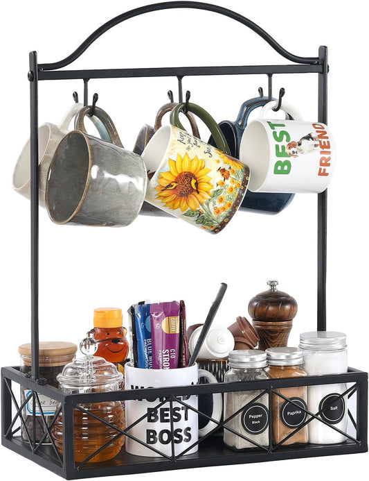 Coffee Mug Holder, 6 Big Capacity Cup Holder for Countertop, Cup Rack Organizer,Mug Tree with Storage Base for Coffee Bar Accessories (Large)