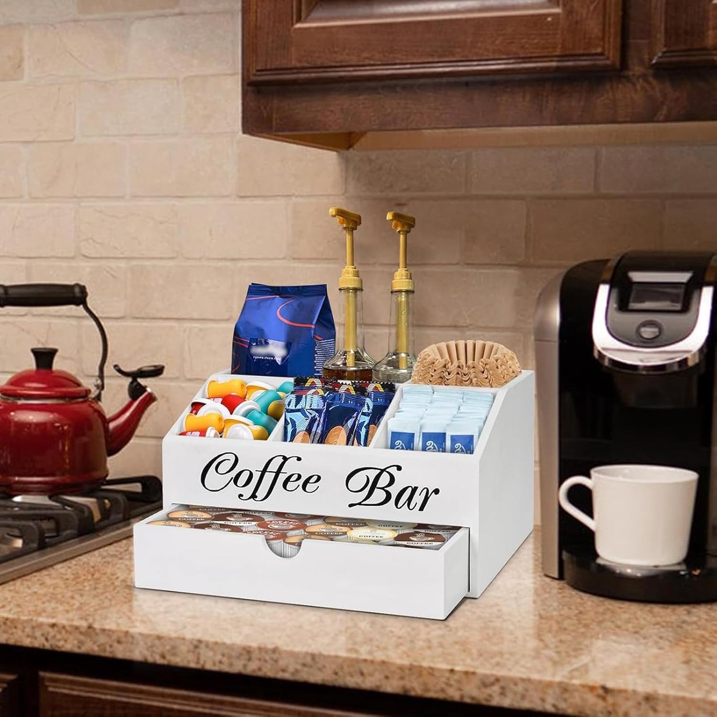 Wooden Coffee Bar Organizer Countertop With Drawer, Station Accessories, Pods Holder Storage Basket, Farmhouse Tea Condiment Organizer