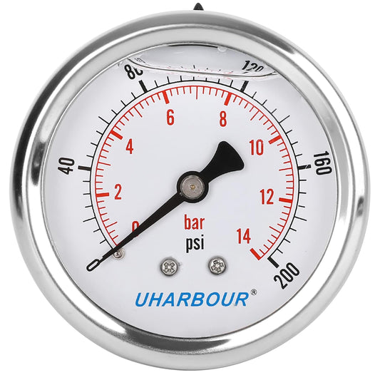 Glycerin Filled Pressure Gauge 200psi/14bar, Stainless Steel case, Brass Inside Construction, 2-1/2" dial, 1/4" NPT Back Connection.¡¦