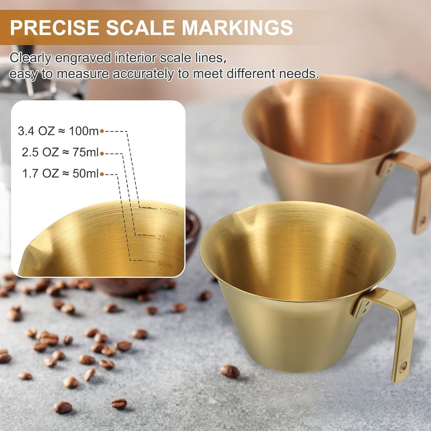 uxcell 2 Pcs Stainless Steel Espresso Cup with Handle, V-Shaped Mouth Espresso Measuring Cup with Scale for Preparing Coffee, Cocktails, 3.4OZ/100ML (Gold)