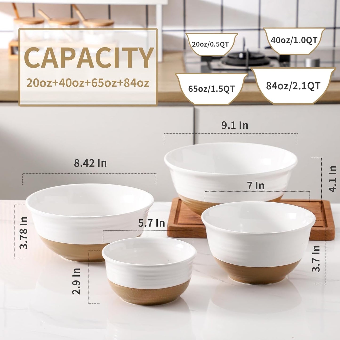Hasense Mixing Bowls Set, 2.1/1.5/1.0/0.5 Qt Ceramic Nesting Bowls for Kitchen, Large Serving Bowls for Cooking, Prepping, Salad, Soup, Pasta, Classic White Serving Dishes for Thanksgiving, Set of 4