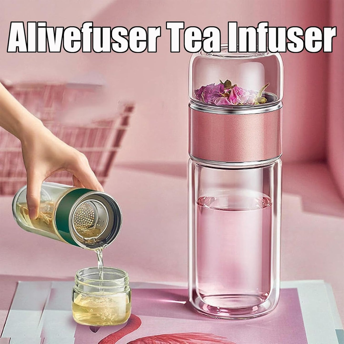 Tryteava Glass Infuser, Tryteava 3-in-1 Smart Tea Infuser, Portable Glass Double Wall Tea Infusers Bottle, with Stainless Steel Filter, Hot & Cold Brew, For Loose Leaf, Office Home (Silver, 280ml)