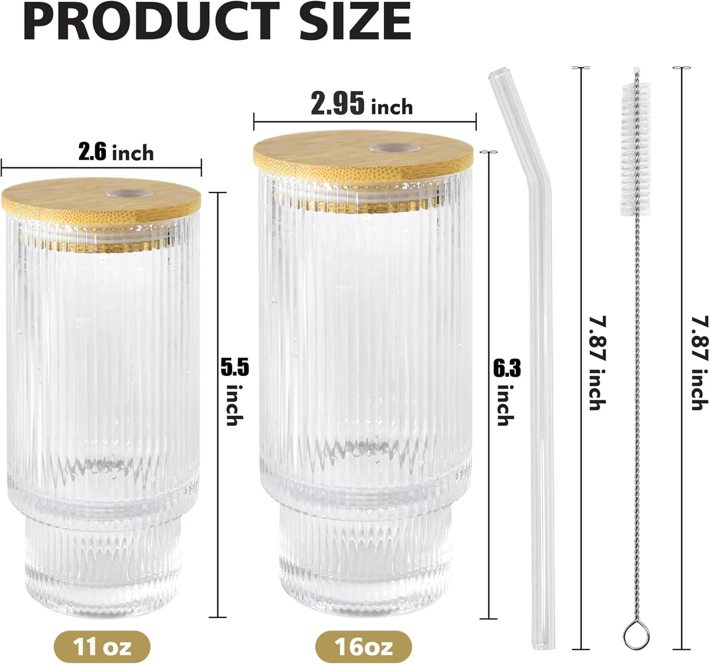 4 Pcs 16 oz Glasses Cups Set with Bamboo Lids Straws Brush Ribbed Vintage Aesthetic Glassware Set for Tea Iced Coffee Beer Cocktail Whiskey