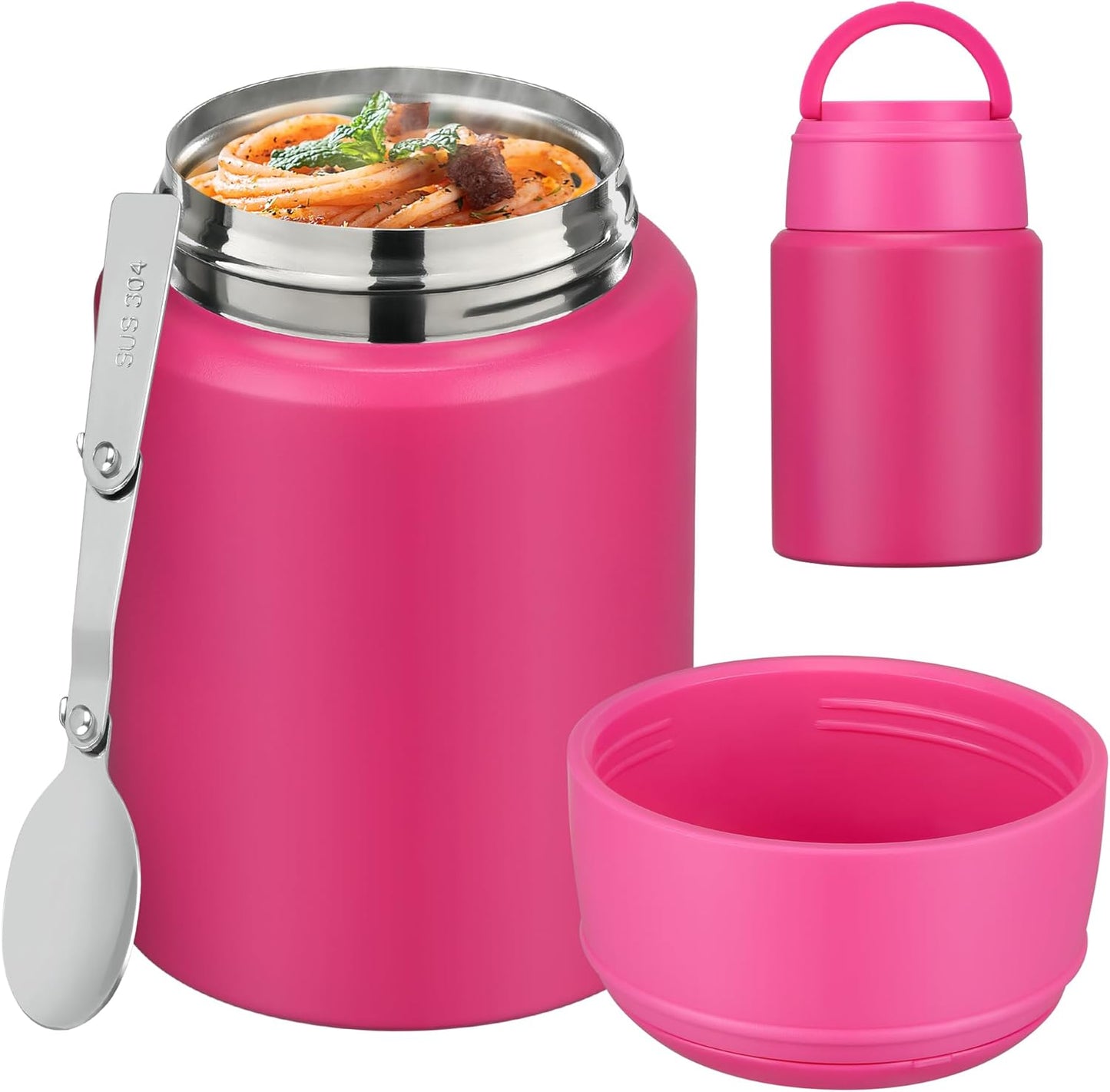 Soup Thermo for Hot Food Kids 16oz Insulated Food Jar Leakproof Thermo Lunch Container for Kids Wide-Mouth Stainless Steel Lunch Box for School with Handle Folding Spoon(3+)