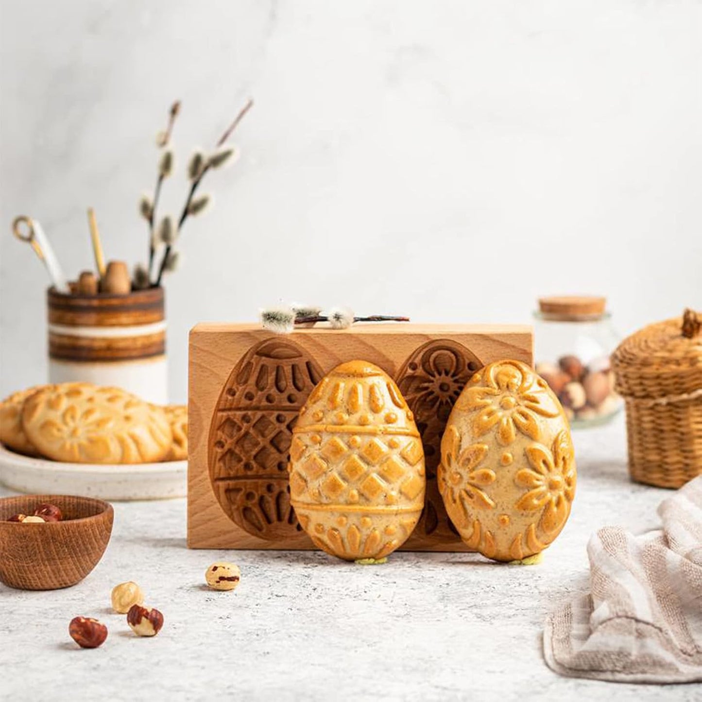 MOTEERLLU Wooden Cookie Molds Baking, Wood Cookie Stamp Cutter Carved Biscuit Embossing Gingerbread Mold