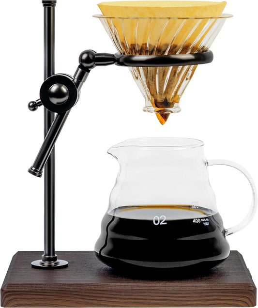L'?PIC?A Pour Over Coffee Maker Set, Pour Over Coffee Maker with Stand, Adjustable Stainless Steel Stand, Wooden Base, Paper Filters, Cone Glass Carafe, Pour Over Coffee Dripper (Black)