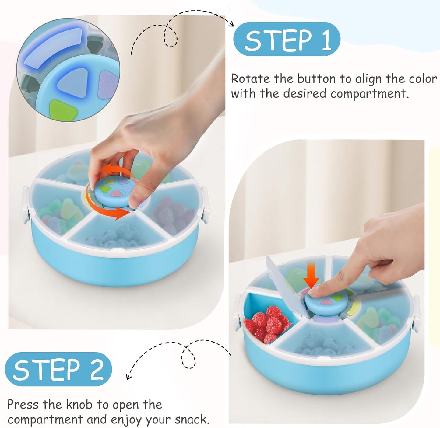 Kids Reusable Rotating Snack Container with 5 Separate Compartments, Color Matching Opening Lid, BPA/PVC-Free, Dishwasher Safe, Perfect for Travel, School Lunches & On-the-Go Snacking-Blue