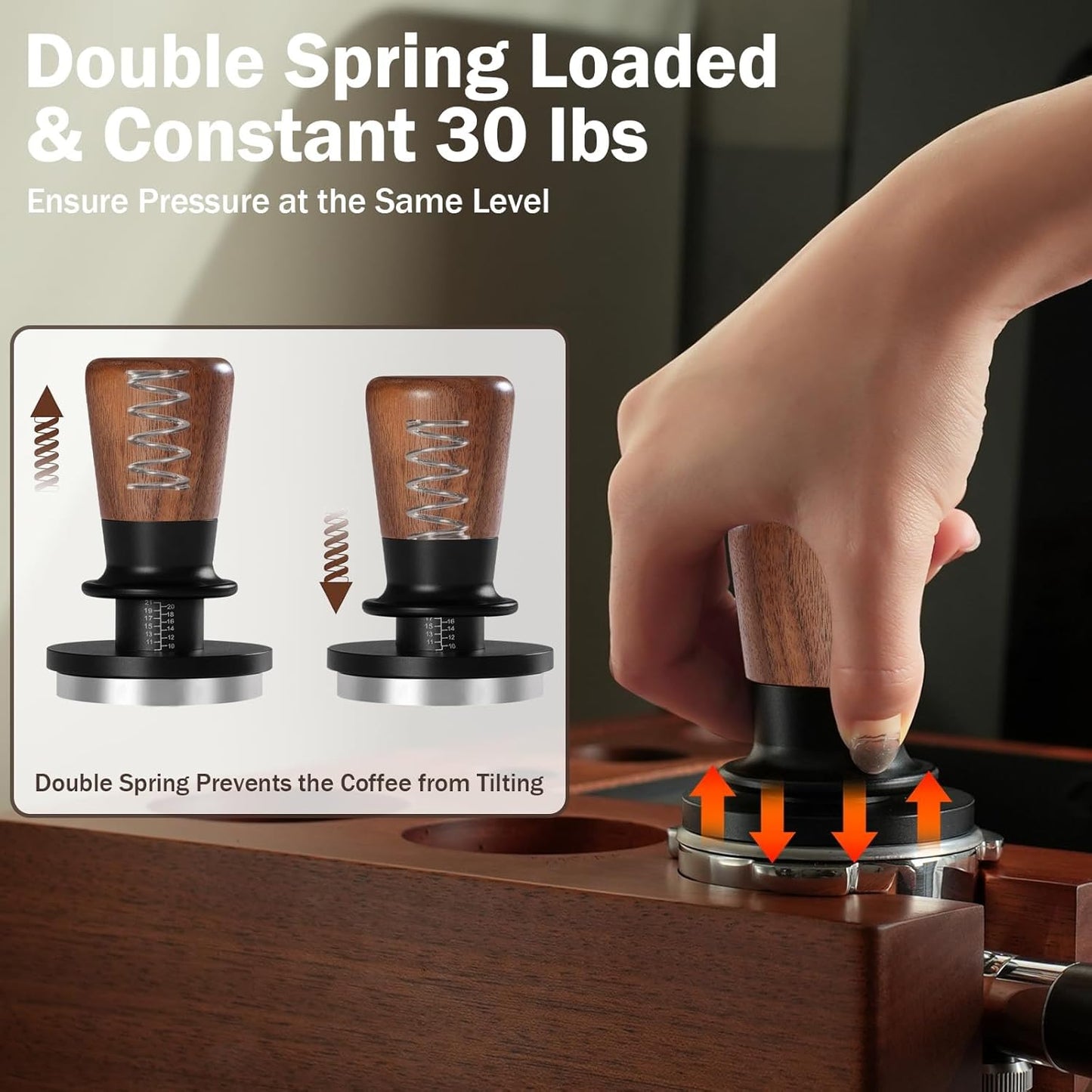 PUSEE 51mm Espresso Tamper, Calibrated Tamper with 30lbs Double Spring Loaded Tamper Walnut Wood Coffee Tamper for Barista Home,Stainless Steel Base Tamper Espresso Tool Fits 51mm Portafilters